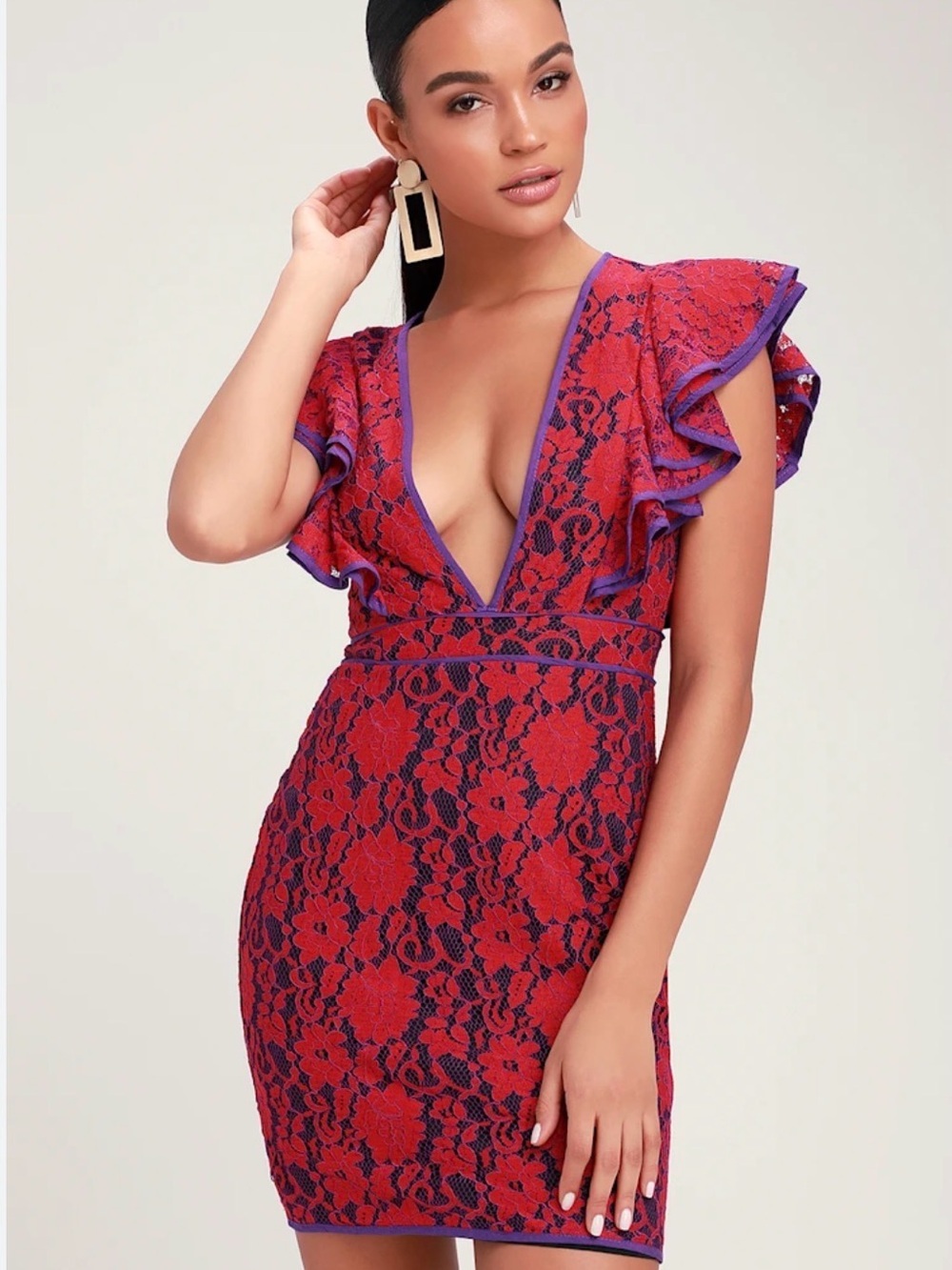 Lulu's Red & Purple Floral Lace Ruffle Sleeve Mini Dress